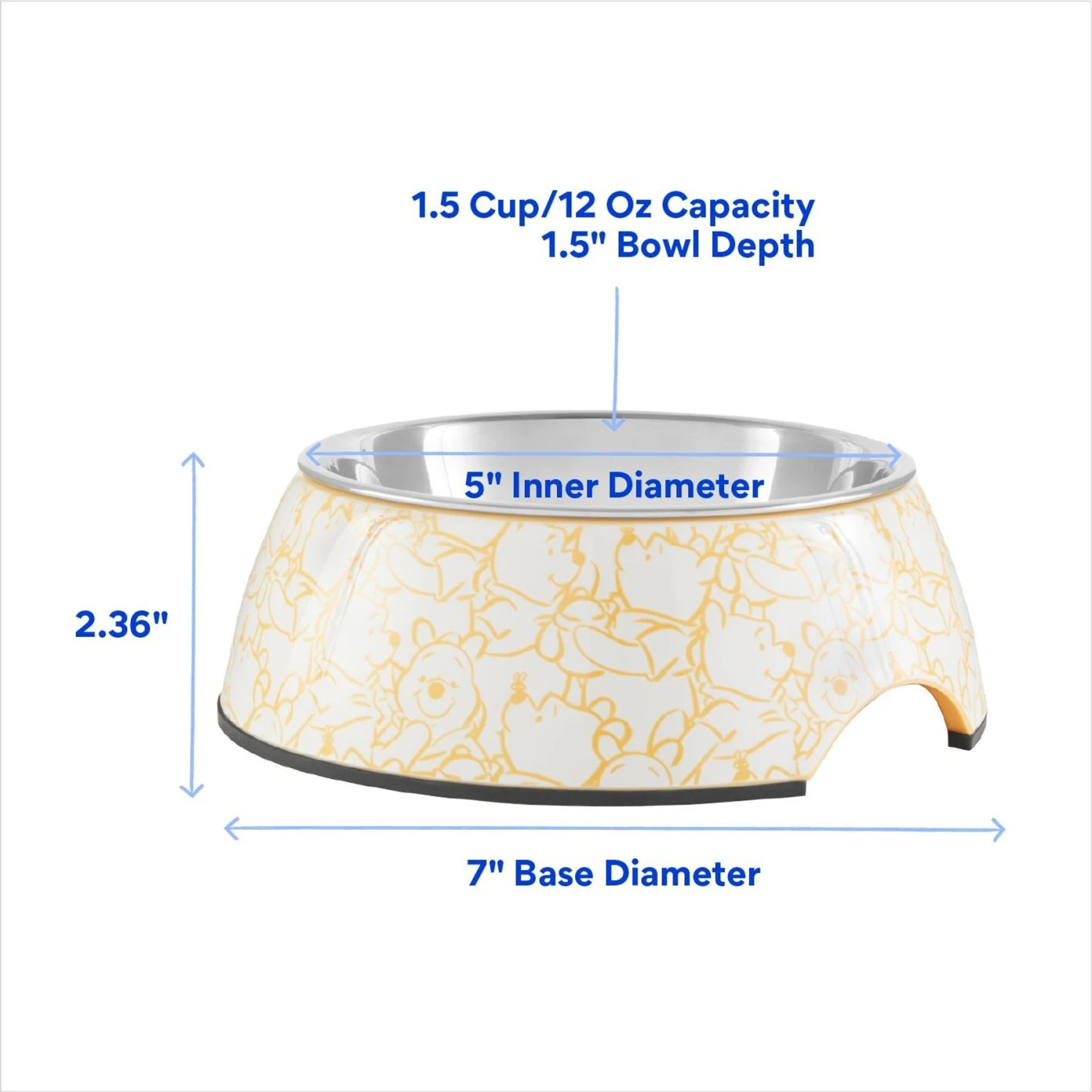 Disney Winnie The Pooh Non-Skid Stainless Steel With Melamine Stand Dog & Cat Bowl, Yellow 4 Disney Winnie The Pooh Non-Skid Stainless Steel With Melamine Stand Dog & Cat Bowl, Yellow - Image 2