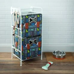 Paw Prints Pet Station Three Shelf Flip Hook Collapsible Dog Bins, White, Large