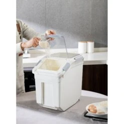 Hanamya Pet Food Storage Container With Measuring Cup, White & Gray -Blue Buffalo Shop 511766 PT5. AC SS1800 V1649226407