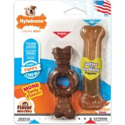 Nylabone Just For Puppies Teething Chew Ring Bone & Toy Ring Bone Twin Pack Flavor Medley & Chicken Flavor