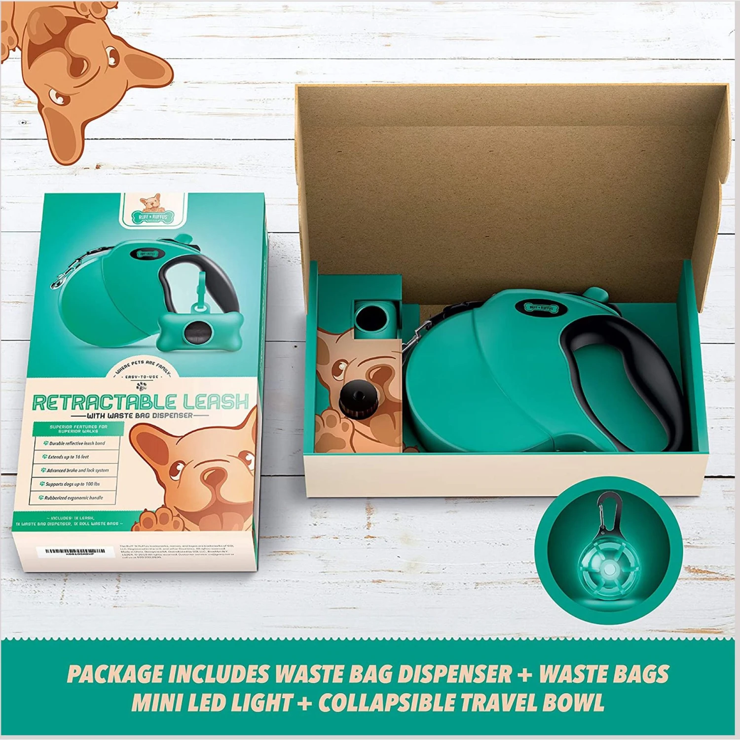 Ruff 'N Ruffus Tangle-Free Retractable Dog Leash & Bonus Contents, Aqua 5 Ruff 'N Ruffus Tangle-Free Retractable Dog Leash & Bonus Contents, Aqua - Image 3