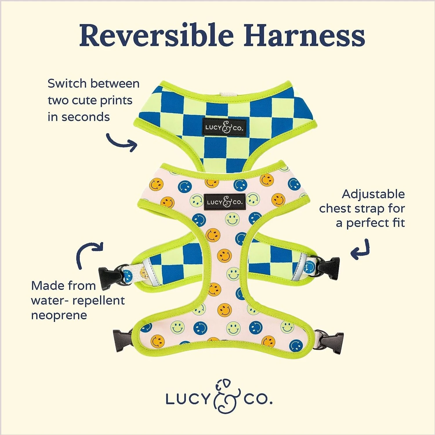 Lucy & Co. The Have A Nice Day Reversible Dog Harness, Blue 4 Lucy & Co. The Have A Nice Day Reversible Dog Harness, Blue - Image 2