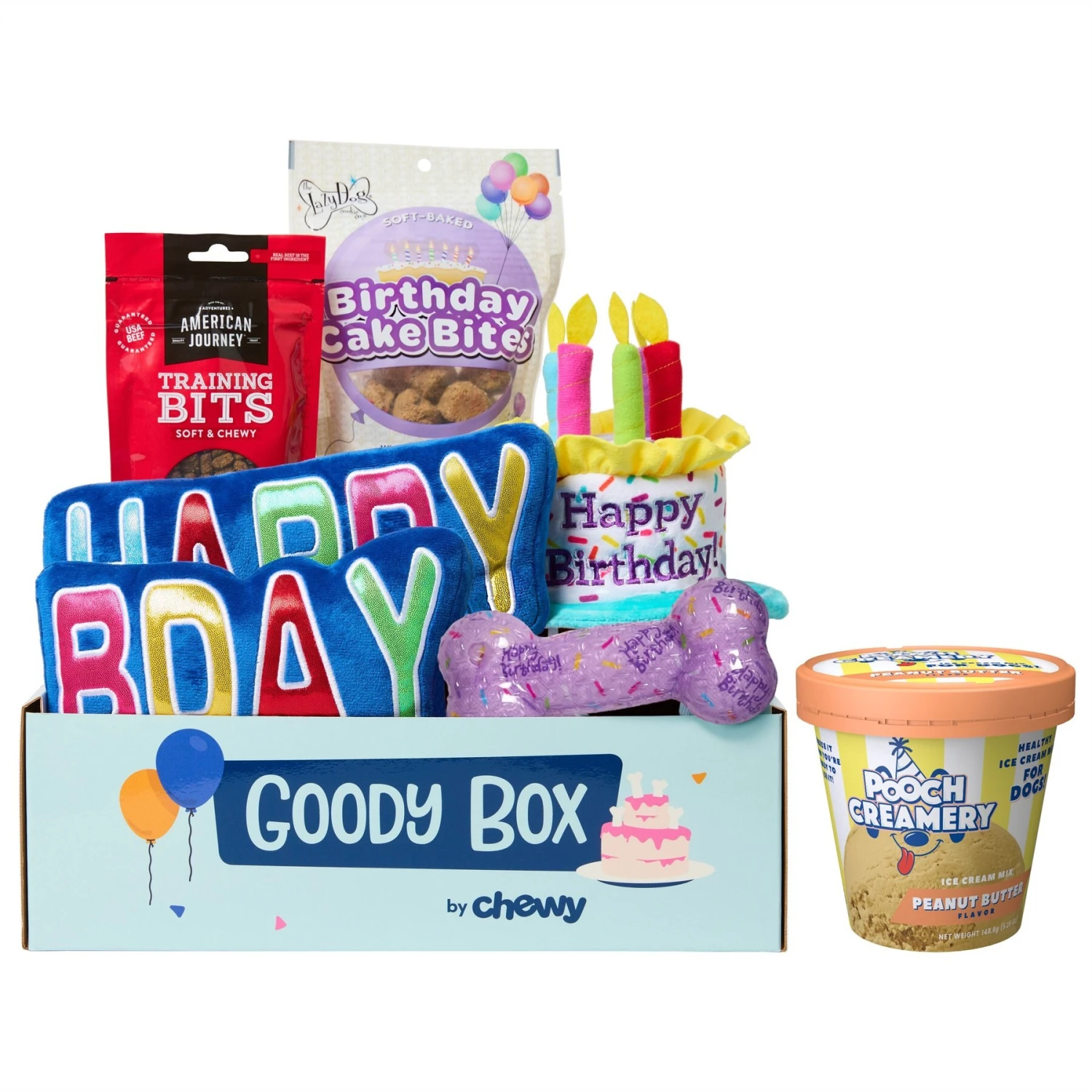 Goody Box Birthday Dog Toys & Treats & Pooch Creamery Peanut Butter Flavor Ice Cream Mix Dog Treat, 5.25-oz Cup 3 Goody Box Birthday Dog Toys & Treats & Pooch Creamery Peanut Butter Flavor Ice Cream Mix Dog Treat, 5.25-oz Cup