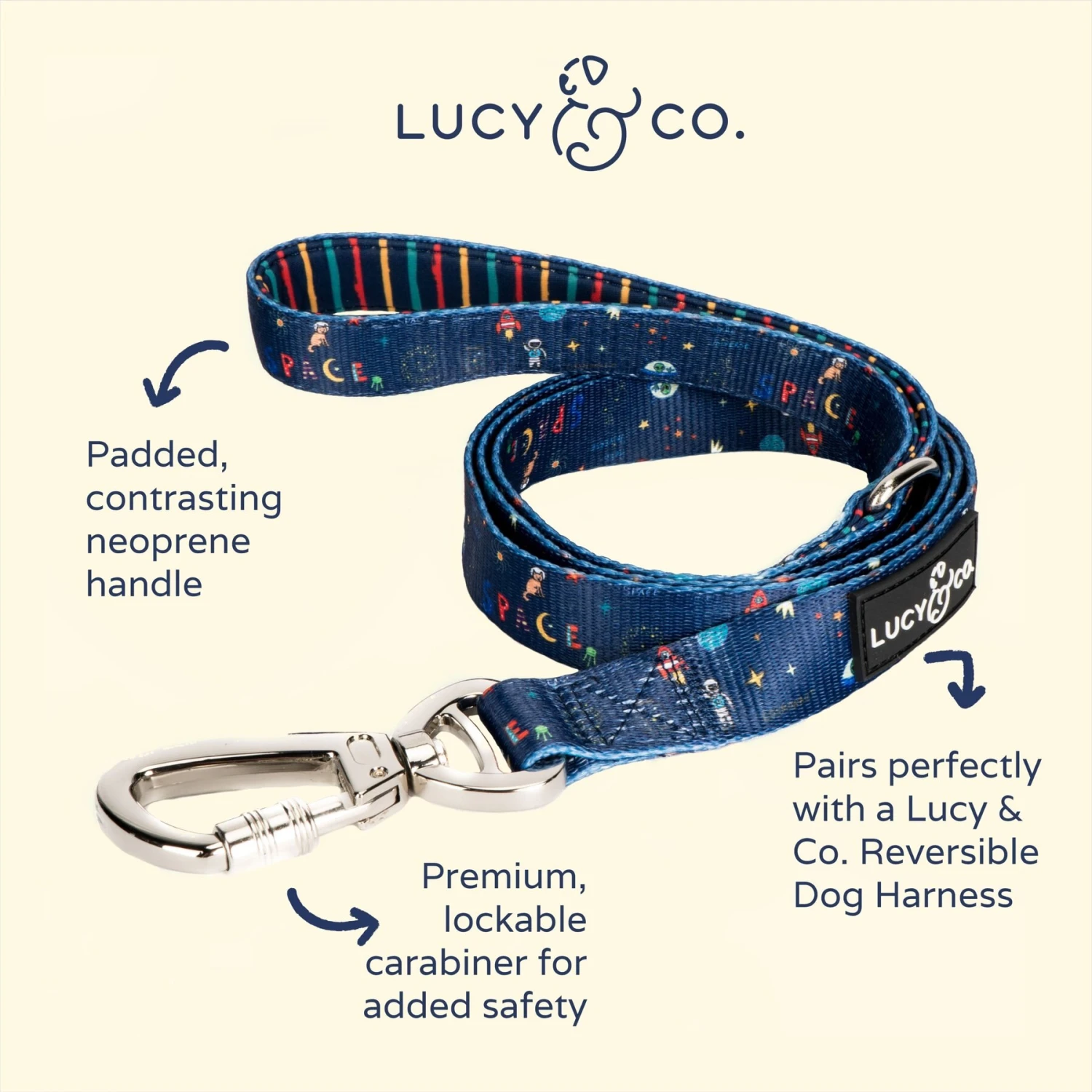 Lucy & Co. The Space Doodle Dog Leash, Navy: Small, 5-ft Long, 3/5-in Wide 4 Lucy & Co. The Space Doodle Dog Leash, Navy: Small, 5-ft Long, 3/5-in Wide - Image 2