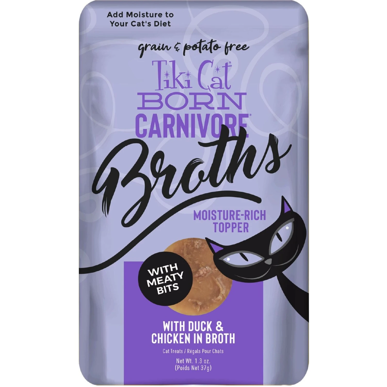 Tiki Cat Broths Duck & Chicken In Broth With Meaty Bits Grain-Free Wet Cat Food Topper, 1.3-oz Pouch, Case Of 12 3 Tiki Cat Broths Duck & Chicken In Broth With Meaty Bits Grain-Free Wet Cat Food Topper, 1.3-oz Pouch, Case Of 12