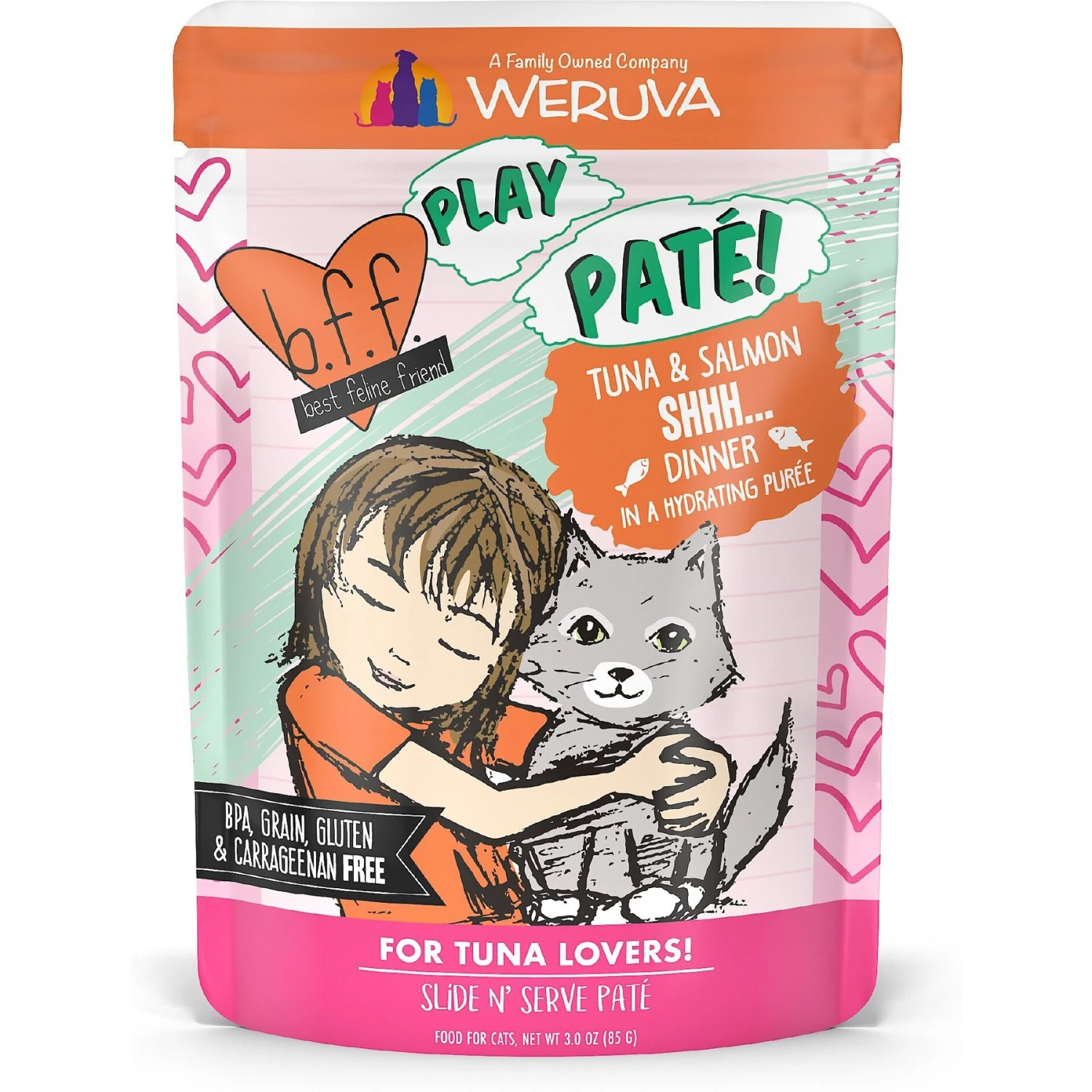 BFF Play Pate Lovers Tuna & Salmon Shhh Wet Cat Food, 3-oz Pouch, Pack Of 12 3 BFF Play Pate Lovers Tuna & Salmon Shhh Wet Cat Food, 3-oz Pouch, Pack Of 12