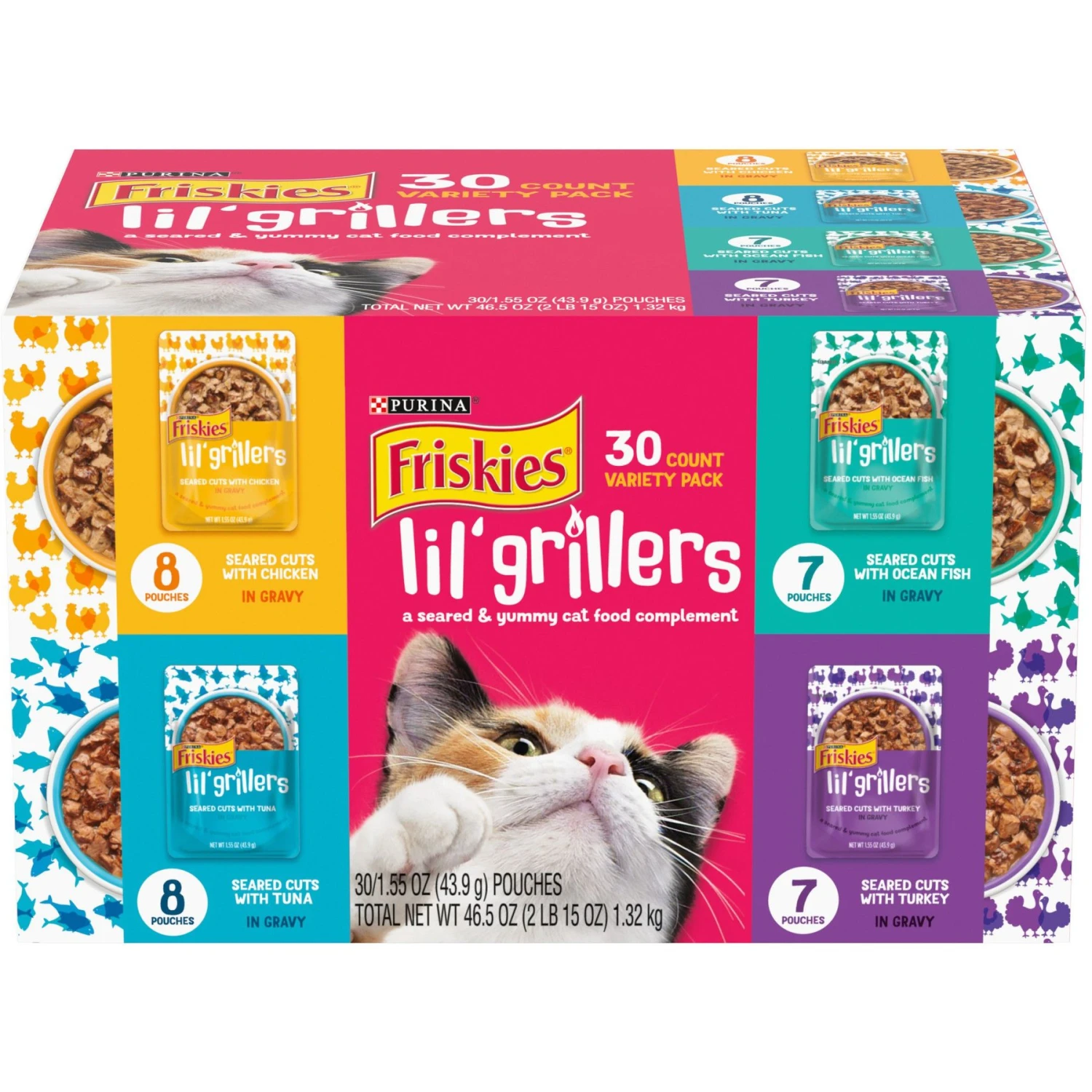 Friskies Lil' Grillers Chicken, Turkey, Ocean Fish & Tuna Variety Pack Gravy Wet Cat Food Complement, 1.55-oz Pouch, Case Of 30 3 Friskies Lil' Grillers Chicken, Turkey, Ocean Fish & Tuna Variety Pack Gravy Wet Cat Food Complement, 1.55-oz Pouch, Case Of 30