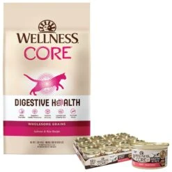Wellness CORE Digestive Health Salmon Pate Recipe Grain-Free Wet Cat Food, 3-oz, Case Of 12 & Wellness CORE Digestive Health Wholesome Grains Salmon & Rice Recipe Dry Cat Food