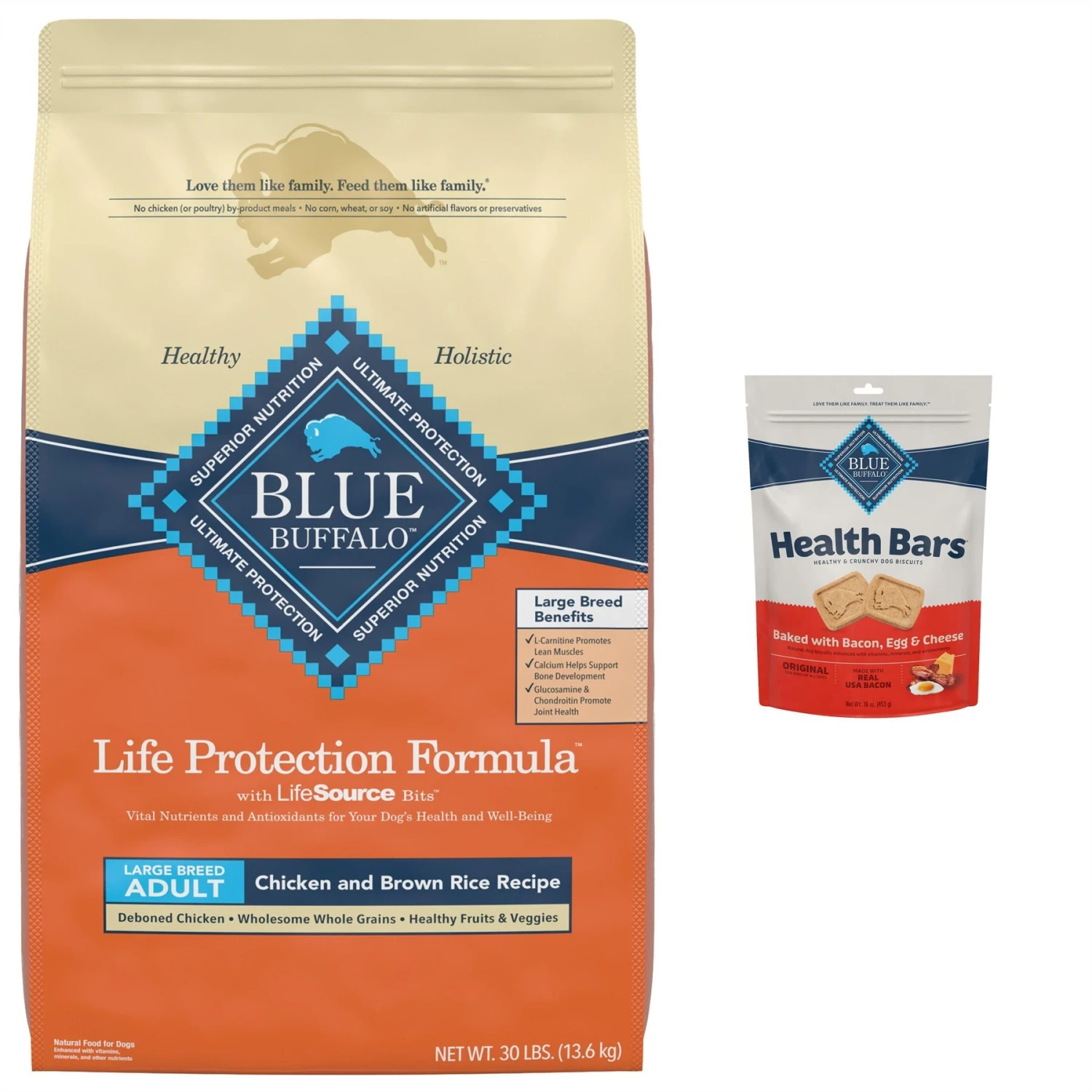 Blue Buffalo Life Protection Formula Large Breed Adult Chicken & Brown Rice Recipe Dry Dog Food & Blue Buffalo Health Bars Baked With Bacon, Egg & Cheese Dog Treats 3 Blue Buffalo Life Protection Formula Large Breed Adult Chicken & Brown Rice Recipe Dry Dog Food & Blue Buffalo Health Bars Baked With Bacon, Egg & Cheese Dog Treats