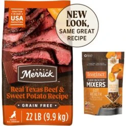 Merrick Real Texas Beef + Sweet Potato Recipe Grain-Free Chicken-Free Adult Dry Dog Food & Instinct Freeze-Dried Raw Boost Mixers Grain-Free Gut Health Recipe Dog Food Topper
