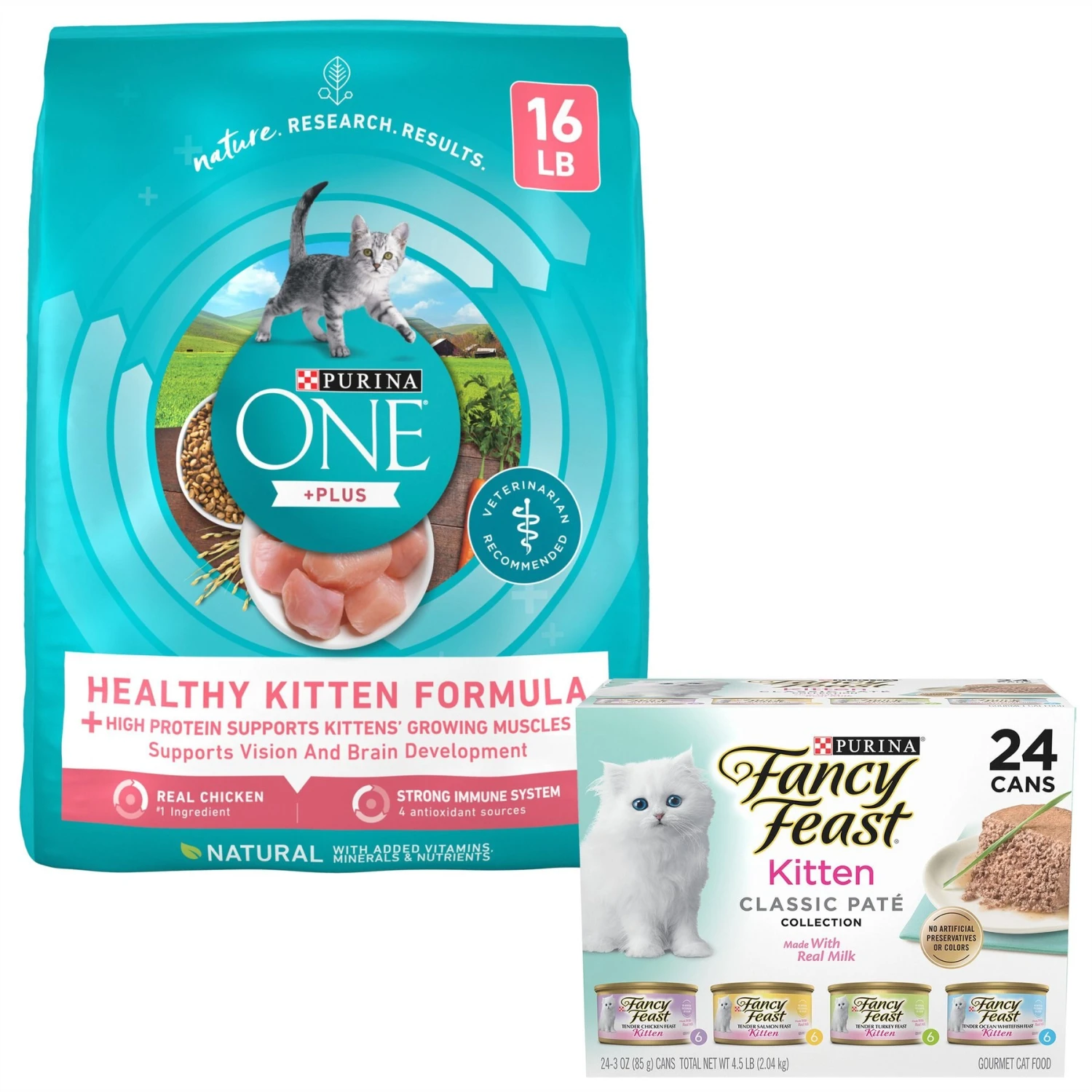 Purina ONE +Plus Healthy Kitten Formula Natural Dry Cat Food & Fancy Feast Tender Feast Variety Pack Canned Kitten Food 3 Purina ONE +Plus Healthy Kitten Formula Natural Dry Cat Food & Fancy Feast Tender Feast Variety Pack Canned Kitten Food