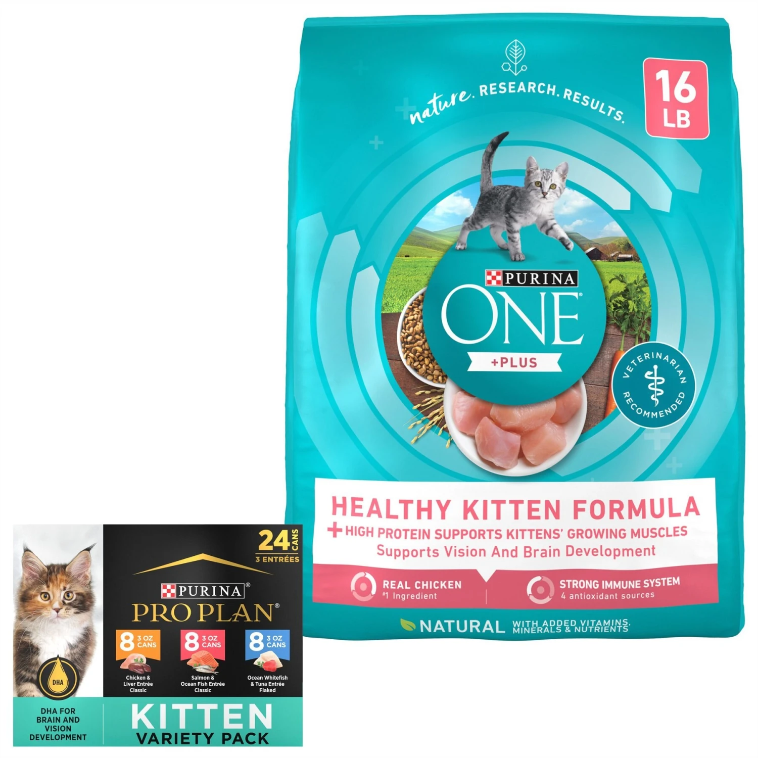 Purina ONE +Plus Healthy Kitten Formula Natural Dry Cat Food & Purina Pro Plan Focus Kitten Favorites Variety Pack Canned Cat Food 3 Purina ONE +Plus Healthy Kitten Formula Natural Dry Cat Food & Purina Pro Plan Focus Kitten Favorites Variety Pack Canned Cat Food