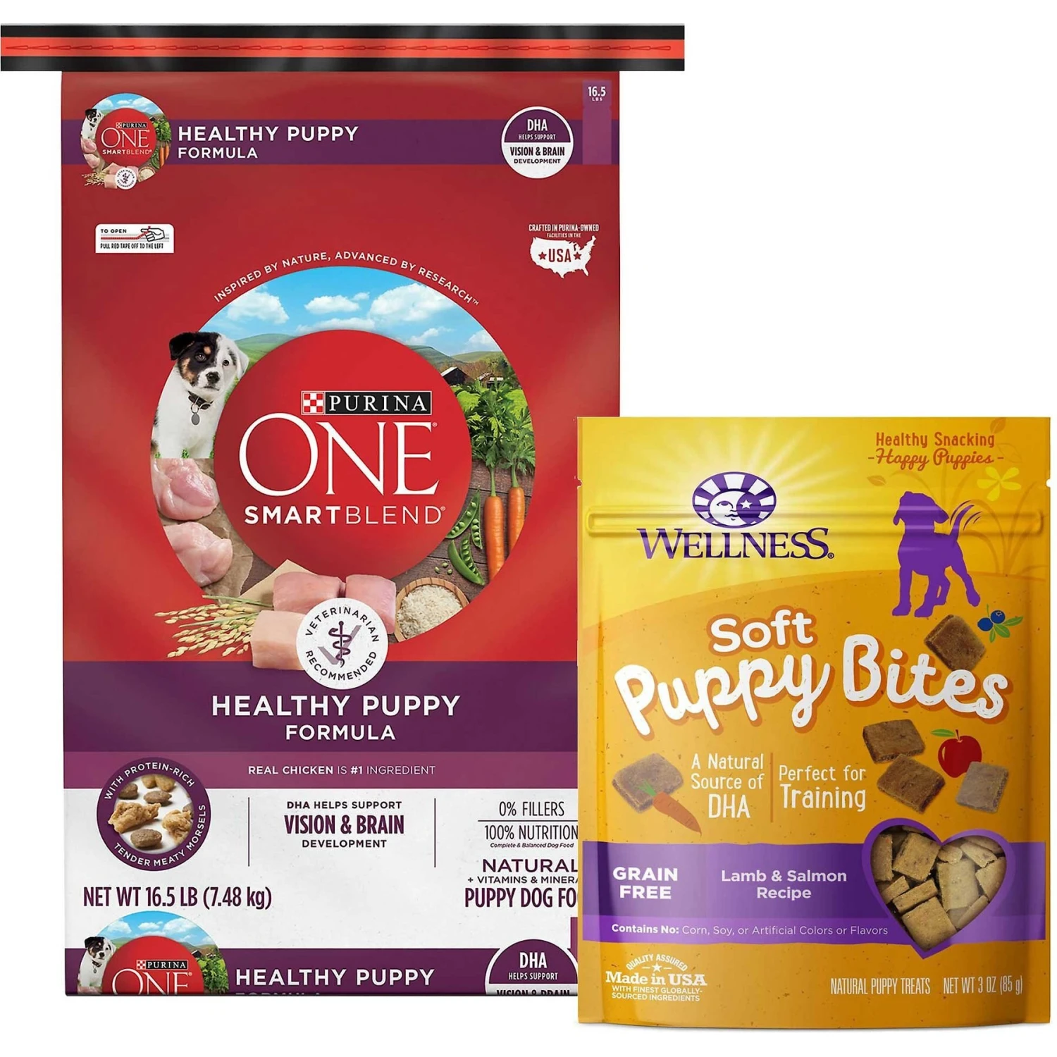 Purina ONE +Plus Natural High Protein Healthy Puppy Formula Dry Puppy Food & Wellness Soft Puppy Bites Lamb & Salmon Recipe Grain-Free Natural Dog Treats 3 Purina ONE +Plus Natural High Protein Healthy Puppy Formula Dry Puppy Food & Wellness Soft Puppy Bites Lamb & Salmon Recipe Grain-Free Natural Dog Treats