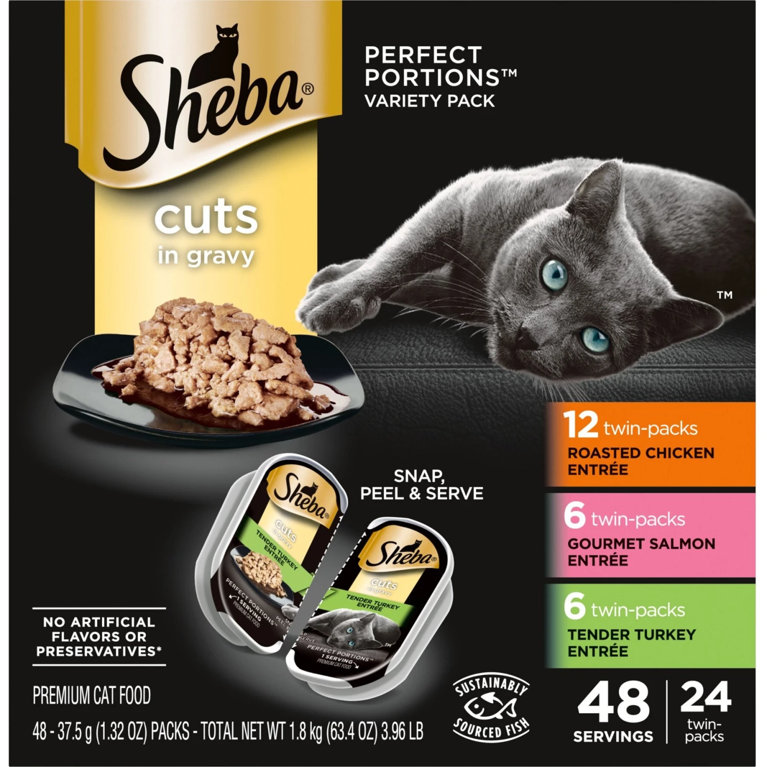 Sheba Perfect Portions Grain-Free Roasted Chicken, Gourmet Salmon & Tender Turkey Cuts In Gravy Variety Pack Adult Wet Cat Food Trays & Greenies Feline SmartBites Healthy Indoor Natural Chicken Flavor Soft & Crunchy Adult Cat Treats 4 Sheba Perfect Portions Grain-Free Roasted Chicken, Gourmet Salmon & Tender Turkey Cuts In Gravy Variety Pack Adult Wet Cat Food Trays & Greenies Feline SmartBites Healthy Indoor Natural Chicken Flavor Soft & Crunchy Adult Cat Treats - Image 2