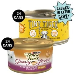 Tiny Tiger Chunks In EXTRA Gravy Chicken Recipe Grain-Free Canned Cat Food & Fancy Feast Gravy Lovers Chicken Feast In Grilled Chicken Flavor Gravy Canned Cat Food