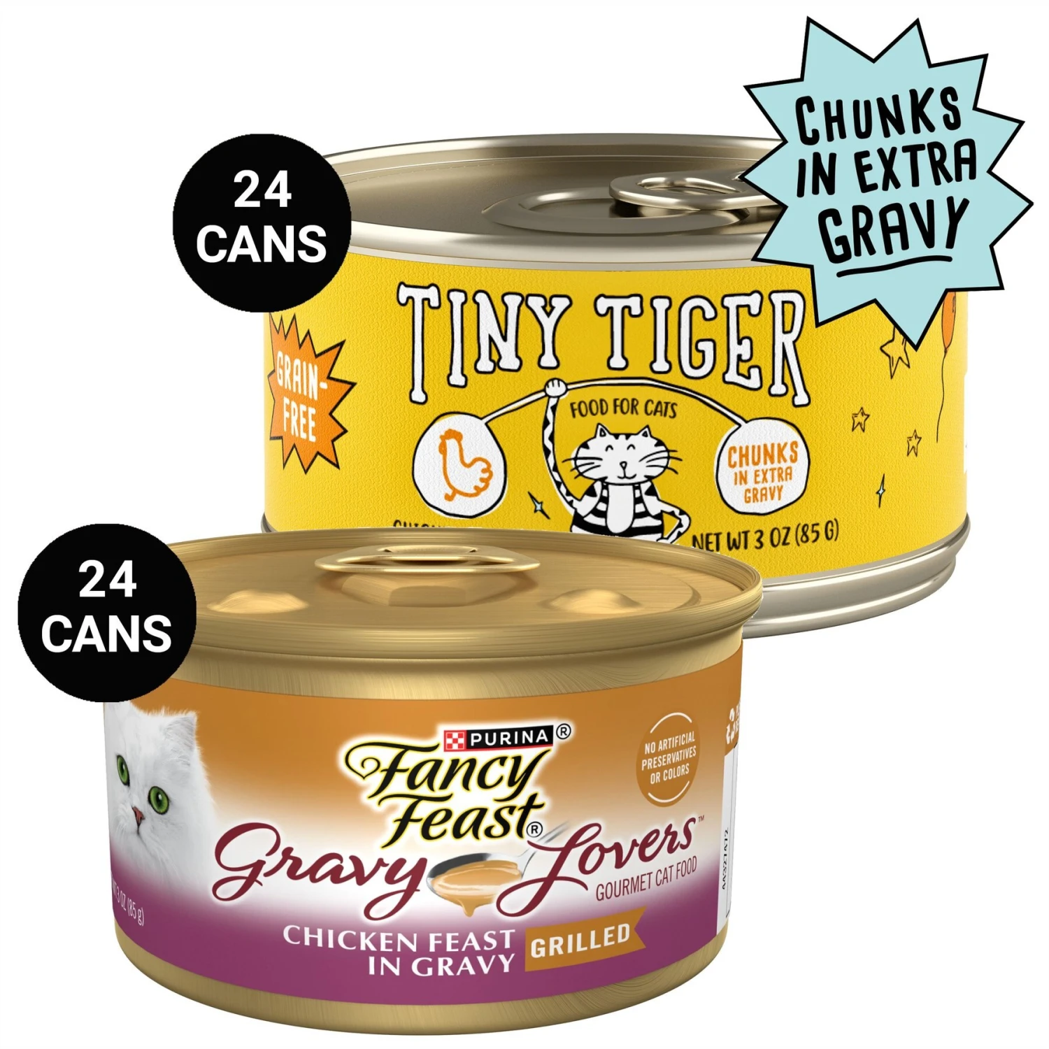 Tiny Tiger Chunks In EXTRA Gravy Chicken Recipe Grain-Free Canned Cat Food & Fancy Feast Gravy Lovers Chicken Feast In Grilled Chicken Flavor Gravy Canned Cat Food 3 Tiny Tiger Chunks In EXTRA Gravy Chicken Recipe Grain-Free Canned Cat Food & Fancy Feast Gravy Lovers Chicken Feast In Grilled Chicken Flavor Gravy Canned Cat Food