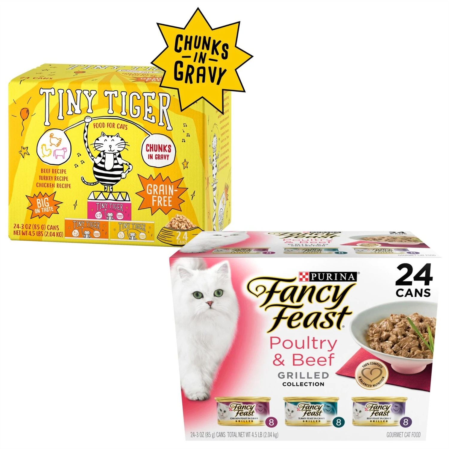 Tiny Tiger Chunks In Gravy Beef & Poultry Recipes Variety Pack Grain-Free Canned Cat Food & Fancy Feast Grilled Poultry & Beef Feast Variety Pack Canned Cat Food 3 Tiny Tiger Chunks In Gravy Beef & Poultry Recipes Variety Pack Grain-Free Canned Cat Food & Fancy Feast Grilled Poultry & Beef Feast Variety Pack Canned Cat Food