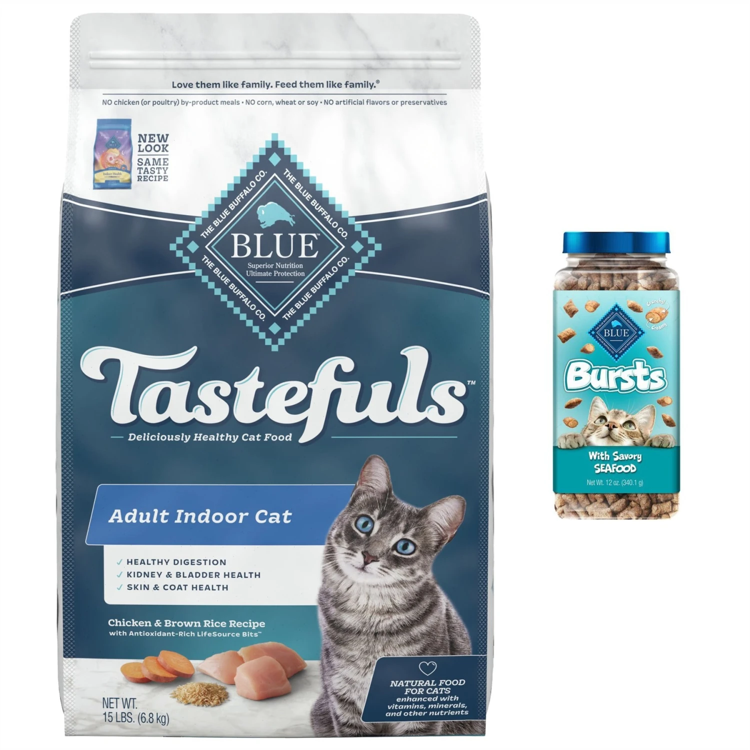 Blue Buffalo Tastefuls Chicken Indoor Natural Adult Dry Cat Food & Blue Buffalo Bursts With Savory Seafood Cat Treats 3 Blue Buffalo Tastefuls Chicken Indoor Natural Adult Dry Cat Food & Blue Buffalo Bursts With Savory Seafood Cat Treats
