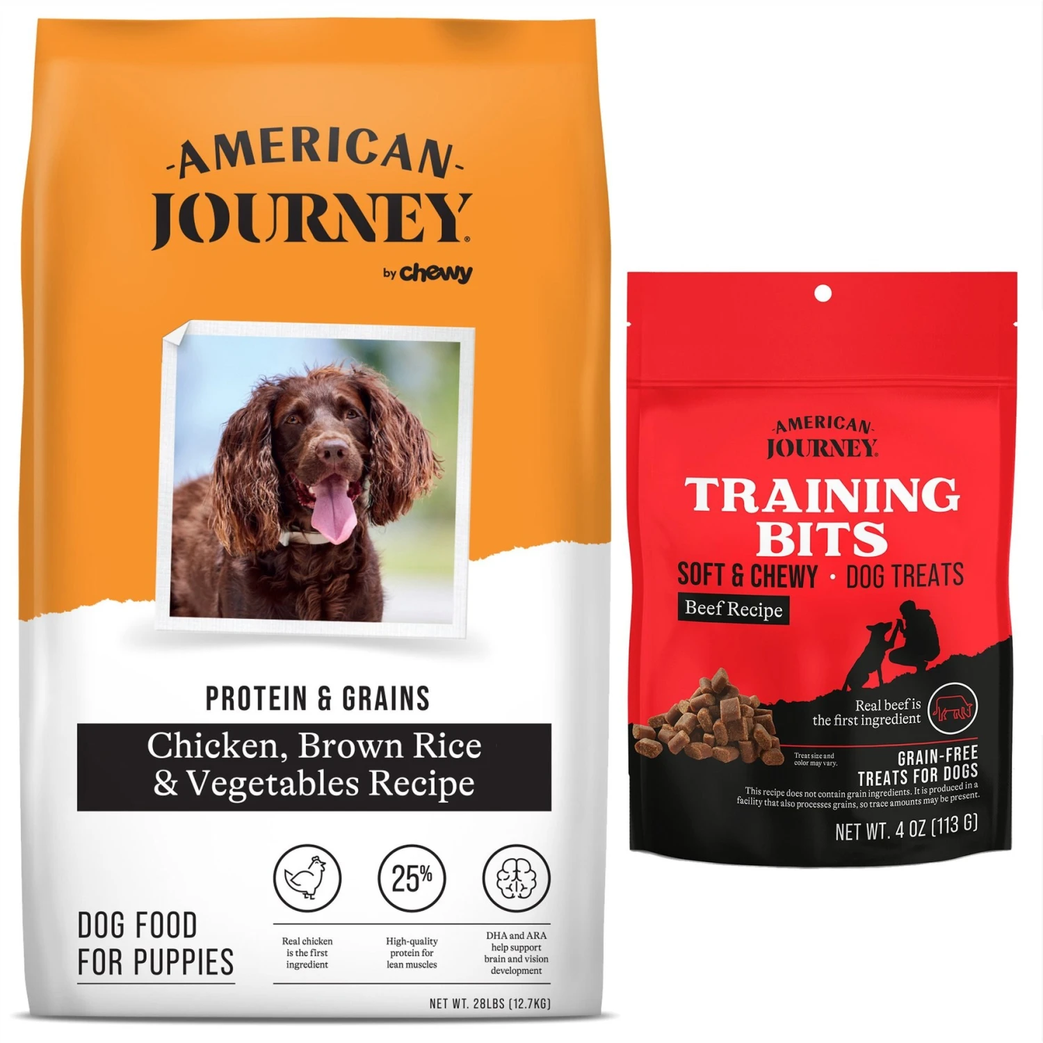 American Journey Protein & Grains Puppy Chicken, Brown Rice & Vegetables Recipe Dog Food & American Journey Beef Recipe Grain-Free Soft & Chewy Training Bits Dog Treats 3 American Journey Protein & Grains Puppy Chicken, Brown Rice & Vegetables Recipe Dog Food & American Journey Beef Recipe Grain-Free Soft & Chewy Training Bits Dog Treats