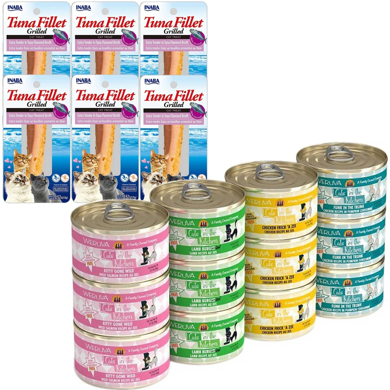 Inaba Extra Tender Grilled Tuna Fillet In Tuna Broth Grain-Free Cat Treat & Weruva Cats In The Kitchen Cuties Variety Pack Grain-Free Canned Cat Food 3 Inaba Extra Tender Grilled Tuna Fillet In Tuna Broth Grain-Free Cat Treat & Weruva Cats In The Kitchen Cuties Variety Pack Grain-Free Canned Cat Food