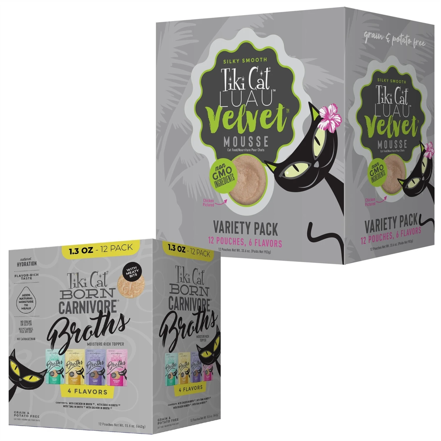 Tiki Cat Luau Velvet Mousse Variety Pack Grain-Free Wet Cat Food, 2.8-oz Pouch, Case Of 12 & Tiki Cat Broths Variety Pack Grain-free Wet Cat Food Topper, 1.3-oz Pouch, Case Of 12 3 Tiki Cat Luau Velvet Mousse Variety Pack Grain-Free Wet Cat Food, 2.8-oz Pouch, Case Of 12 & Tiki Cat Broths Variety Pack Grain-free Wet Cat Food Topper, 1.3-oz Pouch, Case Of 12