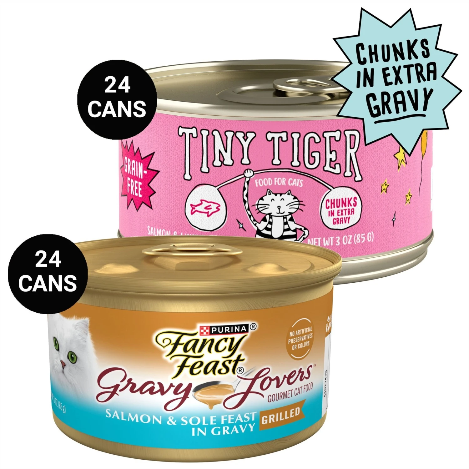 Tiny Tiger Chunks In EXTRA Gravy Salmon & Whitefish Recipe Grain-Free Canned Cat Food & Fancy Feast Gravy Lovers Salmon & Sole Feast In Seared Salmon Flavor Gravy Gourmet Wet Cat Food 3 Tiny Tiger Chunks In EXTRA Gravy Salmon & Whitefish Recipe Grain-Free Canned Cat Food & Fancy Feast Gravy Lovers Salmon & Sole Feast In Seared Salmon Flavor Gravy Gourmet Wet Cat Food