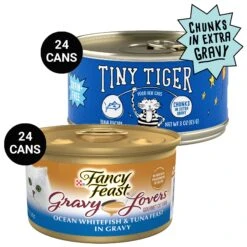 Tiny Tiger Chunks In EXTRA Gravy Tuna Recipe Grain-Free Canned Cat Food & Fancy Feast Gravy Lovers Ocean Whitefish & Tuna Feast In Sauteed Seafood Flavor Gravy Canned Cat Food