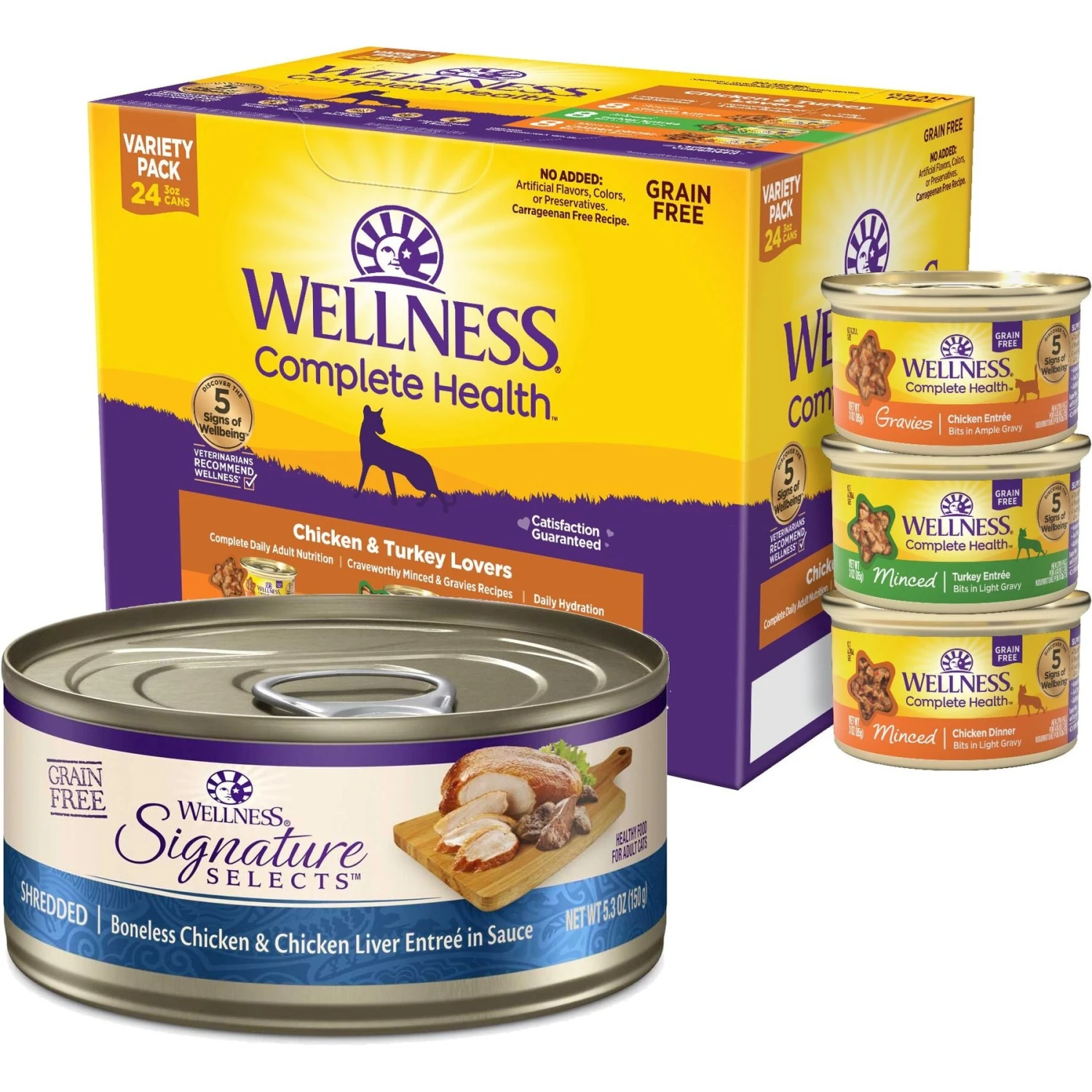 Wellness Chicken & Turkey Lovers Canned Cat Food, 3-oz, Case Of 24 & Wellness CORE Signature Selects Shredded Boneless Chicken & Chicken Liver Entree In Sauce Grain-Free Natural Canned Cat Food 3 Wellness Chicken & Turkey Lovers Canned Cat Food, 3-oz, Case Of 24 & Wellness CORE Signature Selects Shredded Boneless Chicken & Chicken Liver Entree In Sauce Grain-Free Natural Canned Cat Food
