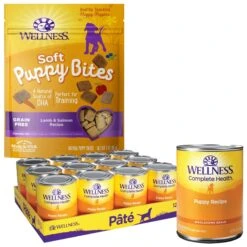 Wellness Complete Health Just For Puppy Canned Dog Food & Wellness Soft Puppy Bites Lamb & Salmon Recipe Grain-Free Natural Dog Treats