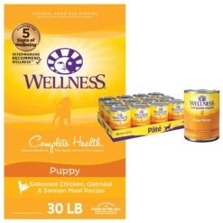 Wellness Complete Health Puppy Deboned Chicken, Oatmeal & Salmon Meal Recipe Dry Dog Food & Wellness Complete Health Just For Puppy Canned Dog Food