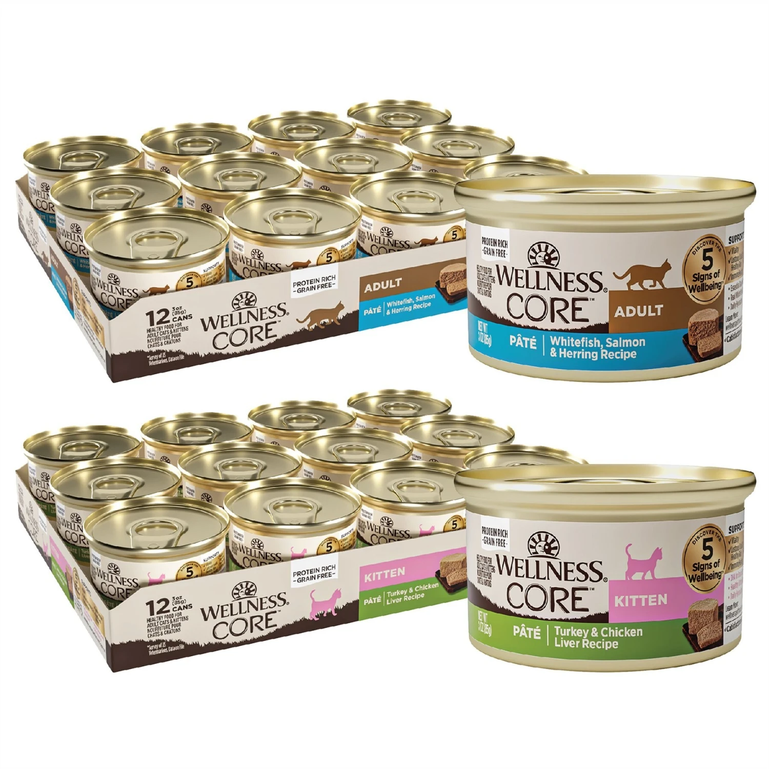 Wellness CORE Natural Grain-Free Turkey & Chicken Liver Pate Canned Kitten Food & Wellness CORE Grain-Free Salmon, Whitefish & Herring Pate Canned Kitten & Cat Food 3 Wellness CORE Natural Grain-Free Turkey & Chicken Liver Pate Canned Kitten Food & Wellness CORE Grain-Free Salmon, Whitefish & Herring Pate Canned Kitten & Cat Food