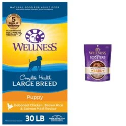 Wellness Large Breed Complete Health Puppy Deboned Chicken, Brown Rice & Salmon Meal Recipe Dry Dog Food & Wellness CORE Bowl Boosters Bare Turkey Freeze-Dried Dog Food Mixer Or Topper