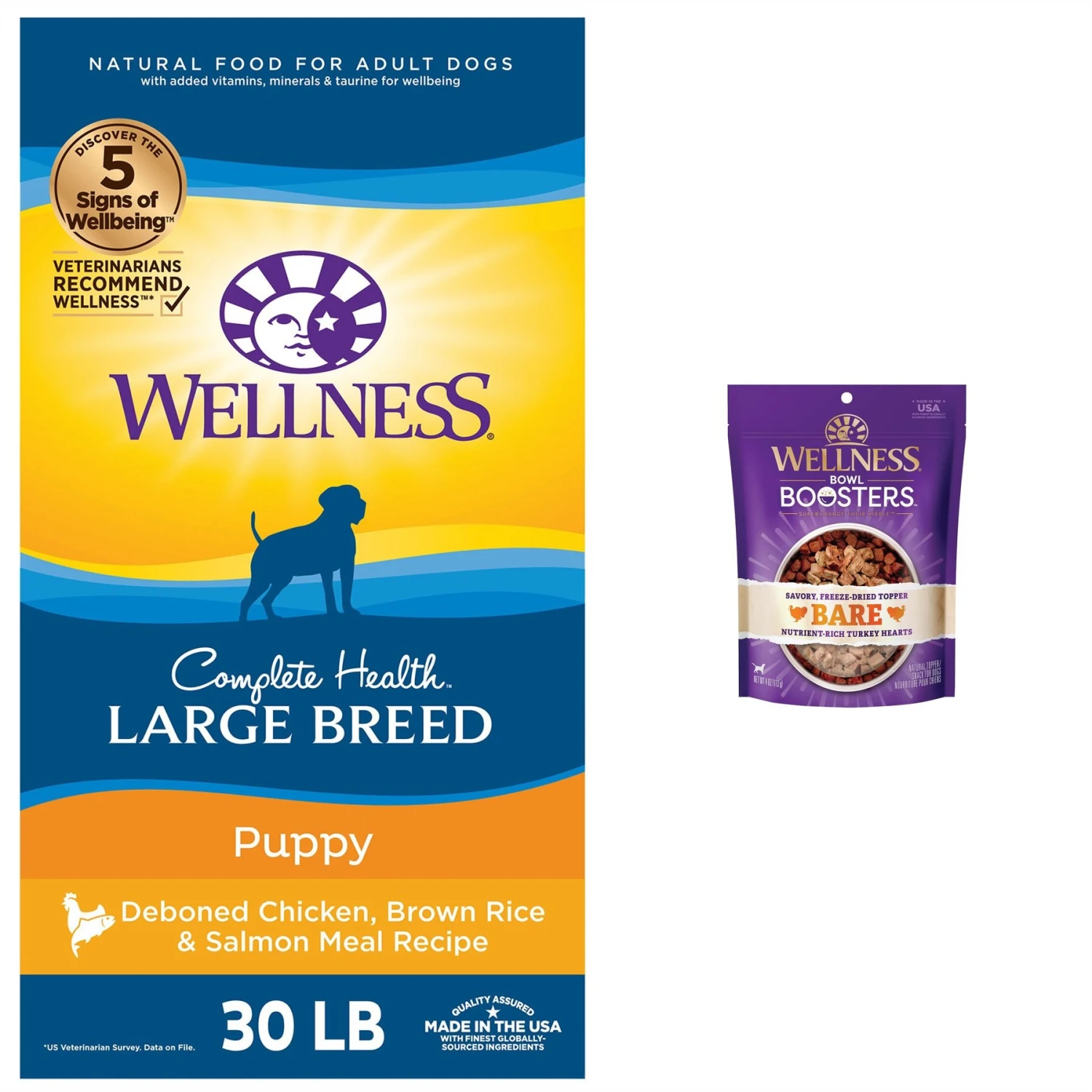 Wellness Large Breed Complete Health Puppy Deboned Chicken, Brown Rice & Salmon Meal Recipe Dry Dog Food & Wellness CORE Bowl Boosters Bare Turkey Freeze-Dried Dog Food Mixer Or Topper 3 Wellness Large Breed Complete Health Puppy Deboned Chicken, Brown Rice & Salmon Meal Recipe Dry Dog Food & Wellness CORE Bowl Boosters Bare Turkey Freeze-Dried Dog Food Mixer Or Topper