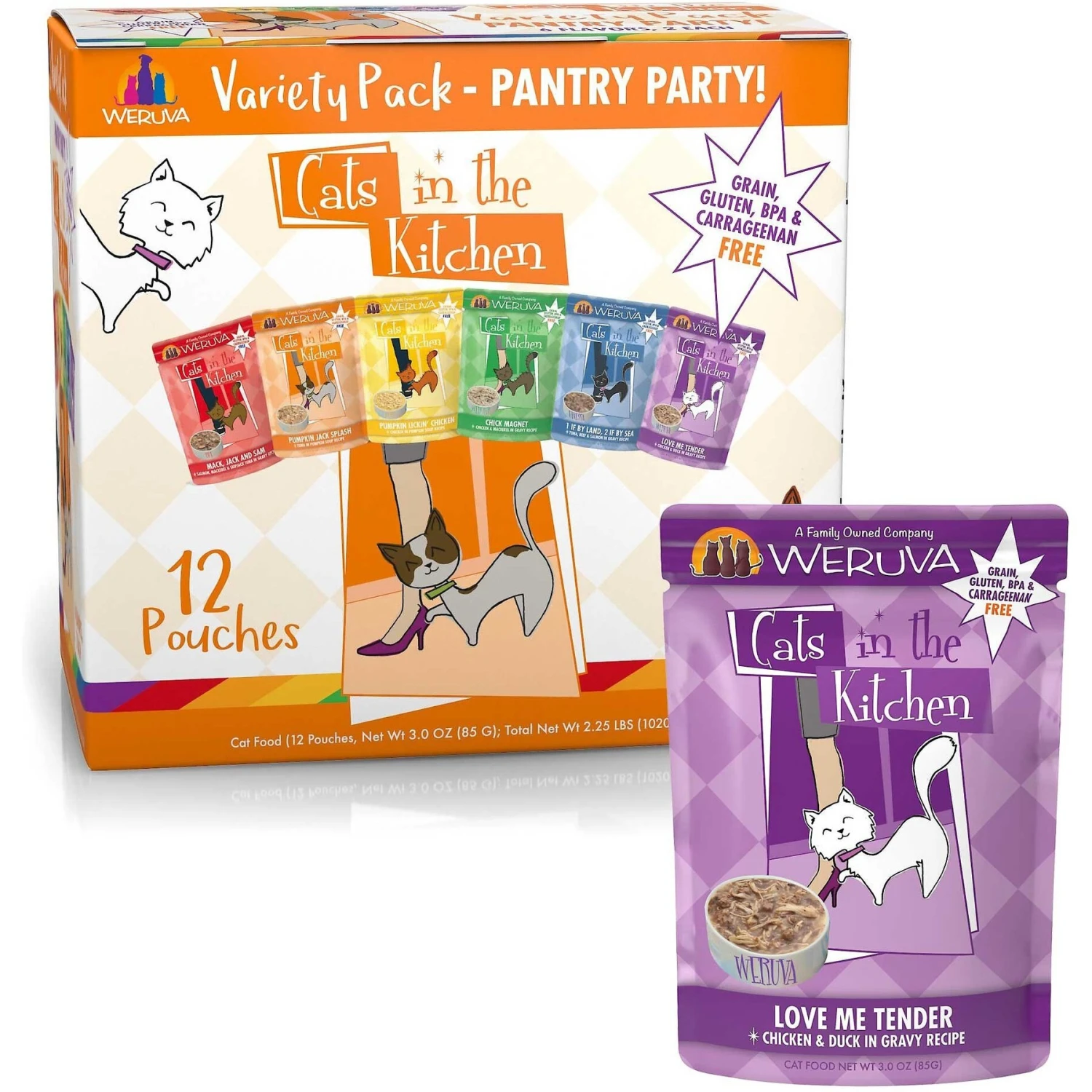 Weruva Cats In The Kitchen Love Me Tender Chicken & Duck Recipe Grain-Free Cat Food Pouches & Weruva Cats In The Kitchen Pantry Party Variety Pack Grain-Free Cat Food, 3-oz Pouch, Case Of 12 3 Weruva Cats In The Kitchen Love Me Tender Chicken & Duck Recipe Grain-Free Cat Food Pouches & Weruva Cats In The Kitchen Pantry Party Variety Pack Grain-Free Cat Food, 3-oz Pouch, Case Of 12