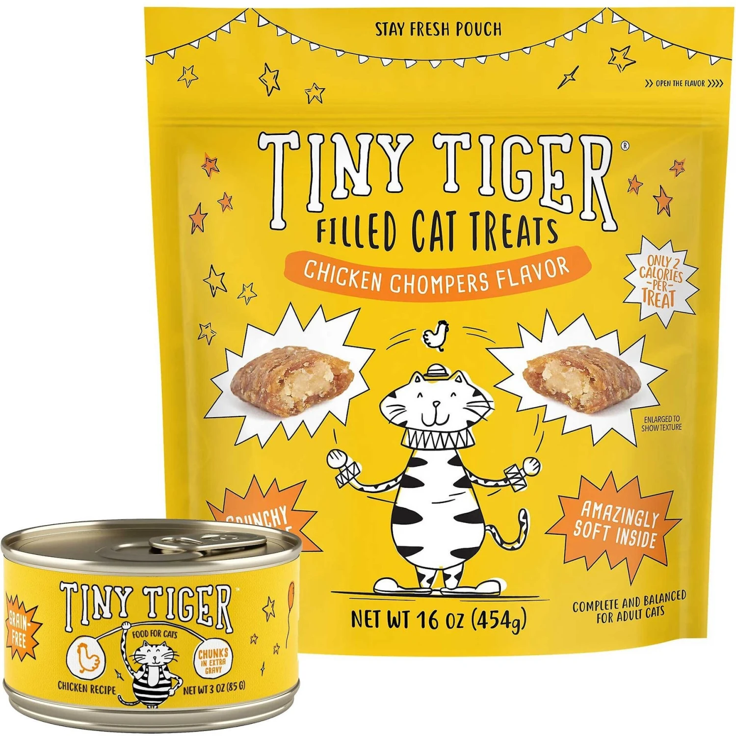 Tiny Tiger Chunks In EXTRA Gravy Chicken Recipe Grain-Free Canned Cat Food & Tiny Tiger Chicken Chompers Flavor Filled Cat Treats 3 Tiny Tiger Chunks In EXTRA Gravy Chicken Recipe Grain-Free Canned Cat Food & Tiny Tiger Chicken Chompers Flavor Filled Cat Treats