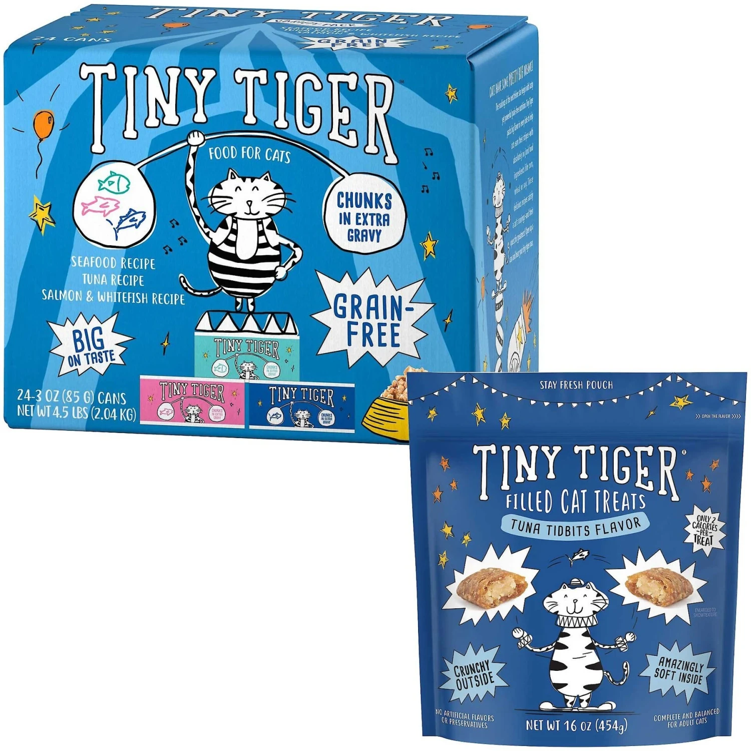 Tiny Tiger Chunks In EXTRA Gravy Seafood Recipes Variety Pack Grain-Free Canned Cat Food & Tiny Tiger Tuna Tidbits Flavor Filled Cat Treats 3 Tiny Tiger Chunks In EXTRA Gravy Seafood Recipes Variety Pack Grain-Free Canned Cat Food & Tiny Tiger Tuna Tidbits Flavor Filled Cat Treats