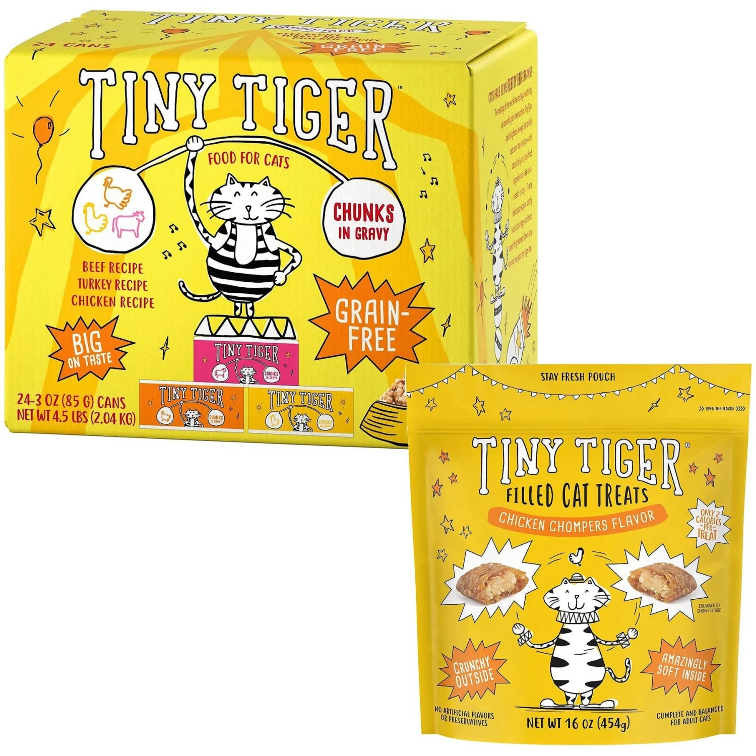 Tiny Tiger Chunks In Gravy Beef & Poultry Recipes Variety Pack Grain-Free Canned Cat Food & Tiny Tiger Chicken Chompers Flavor Filled Cat Treats 3 Tiny Tiger Chunks In Gravy Beef & Poultry Recipes Variety Pack Grain-Free Canned Cat Food & Tiny Tiger Chicken Chompers Flavor Filled Cat Treats
