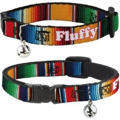 Buckle-Down Zarape2 Vertical Multi Color Stripe Personalized Breakaway Cat Collar With Bell