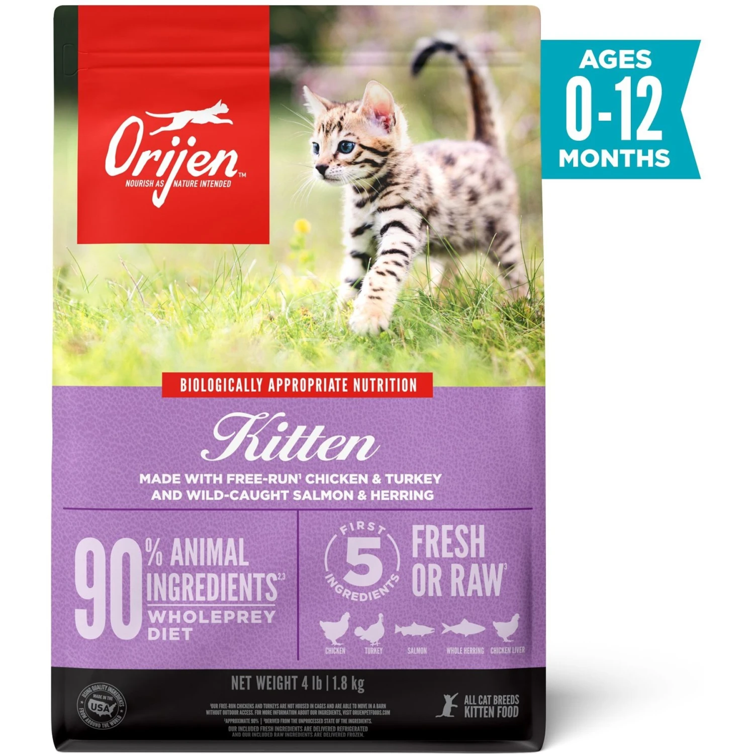 ORIJEN Free Run Chicken & Turkey, & Wild Caught Salmon & Herring Grain-Free Dry Kitten Food, 4-lb Bag 3 ORIJEN Free Run Chicken & Turkey, & Wild Caught Salmon & Herring Grain-Free Dry Kitten Food, 4-lb Bag