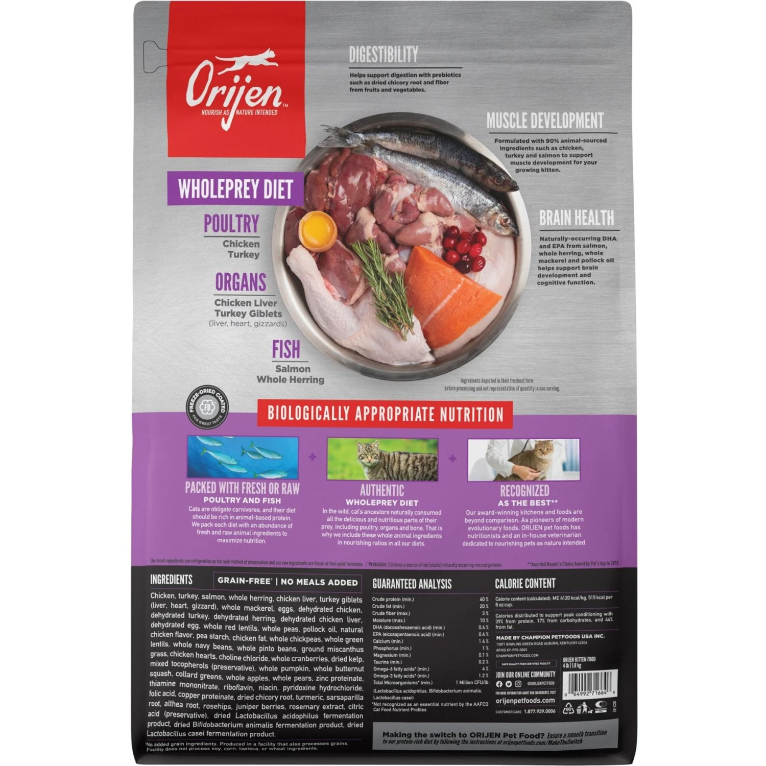 ORIJEN Free Run Chicken & Turkey, & Wild Caught Salmon & Herring Grain-Free Dry Kitten Food, 4-lb Bag 4 ORIJEN Free Run Chicken & Turkey, & Wild Caught Salmon & Herring Grain-Free Dry Kitten Food, 4-lb Bag - Image 2