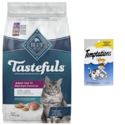 Blue Buffalo Tastefuls Hairball Control Natural Chicken & Brown Rice Recipe Adult 7+ Dry Cat Food & Temptations Indoor Care Chicken Flavor Soft & Crunchy Cat Treats