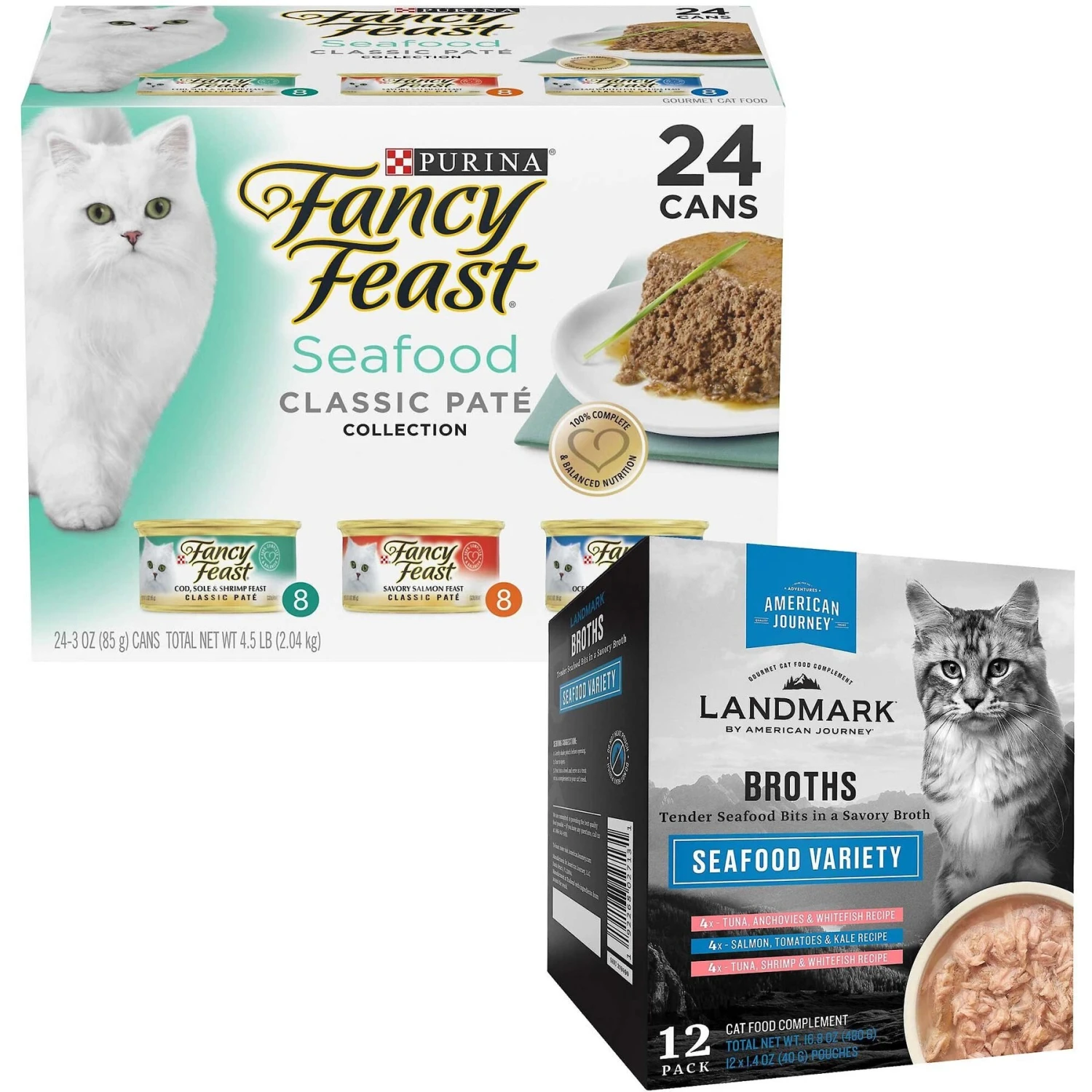Fancy Feast Classic Seafood Feast Variety Pack Canned Cat Food & American Journey Landmark Broths Seafood Variety Pack Wet Cat Food Complement Pouches 3 Fancy Feast Classic Seafood Feast Variety Pack Canned Cat Food & American Journey Landmark Broths Seafood Variety Pack Wet Cat Food Complement Pouches