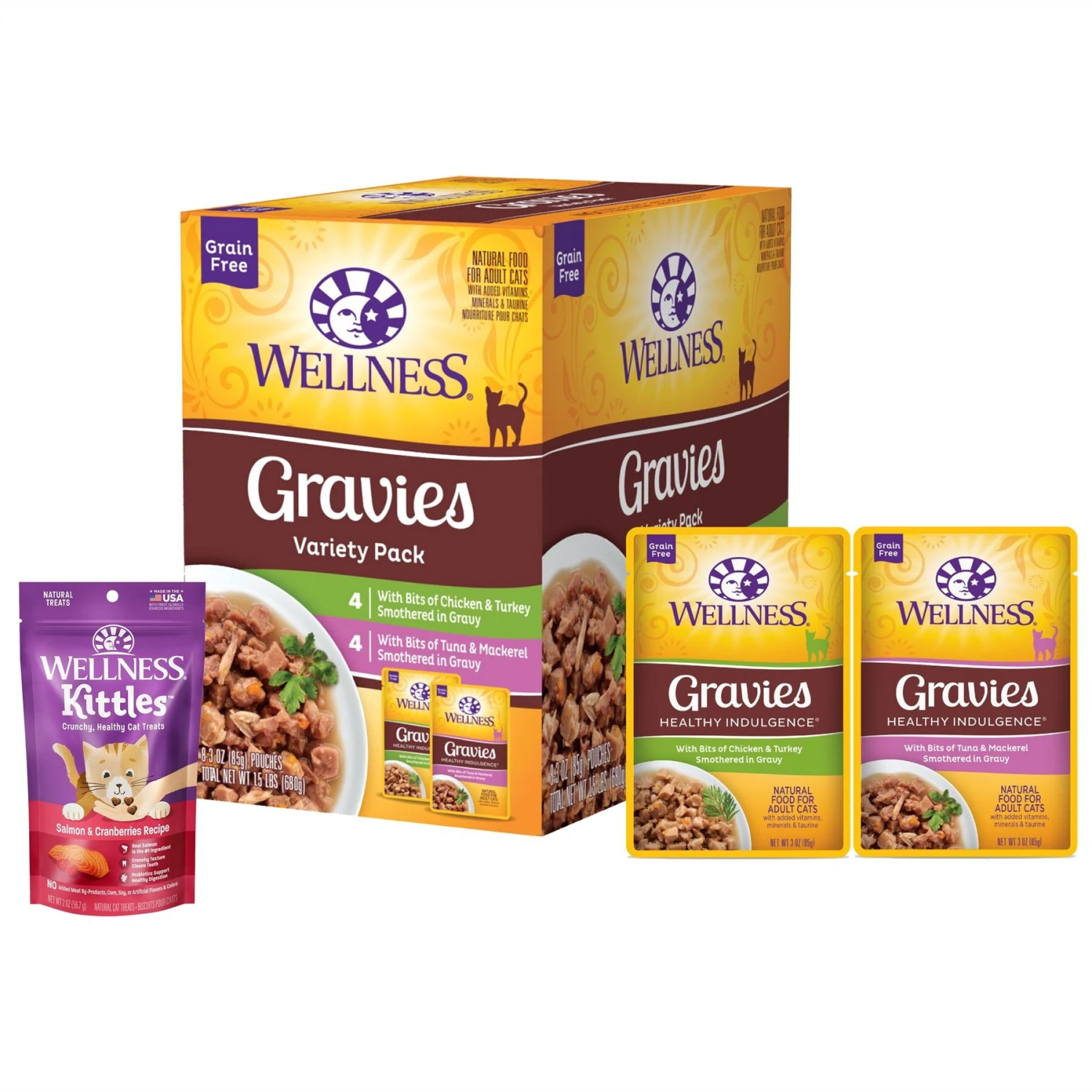 Wellness Healthy Indulgence Gravies Grain-Free Variety Pack Cat Food Pouches & Wellness Kittles Natural Grain-Free Salmon & Cranberries Crunchy Cat Treats 3 Wellness Healthy Indulgence Gravies Grain-Free Variety Pack Cat Food Pouches & Wellness Kittles Natural Grain-Free Salmon & Cranberries Crunchy Cat Treats