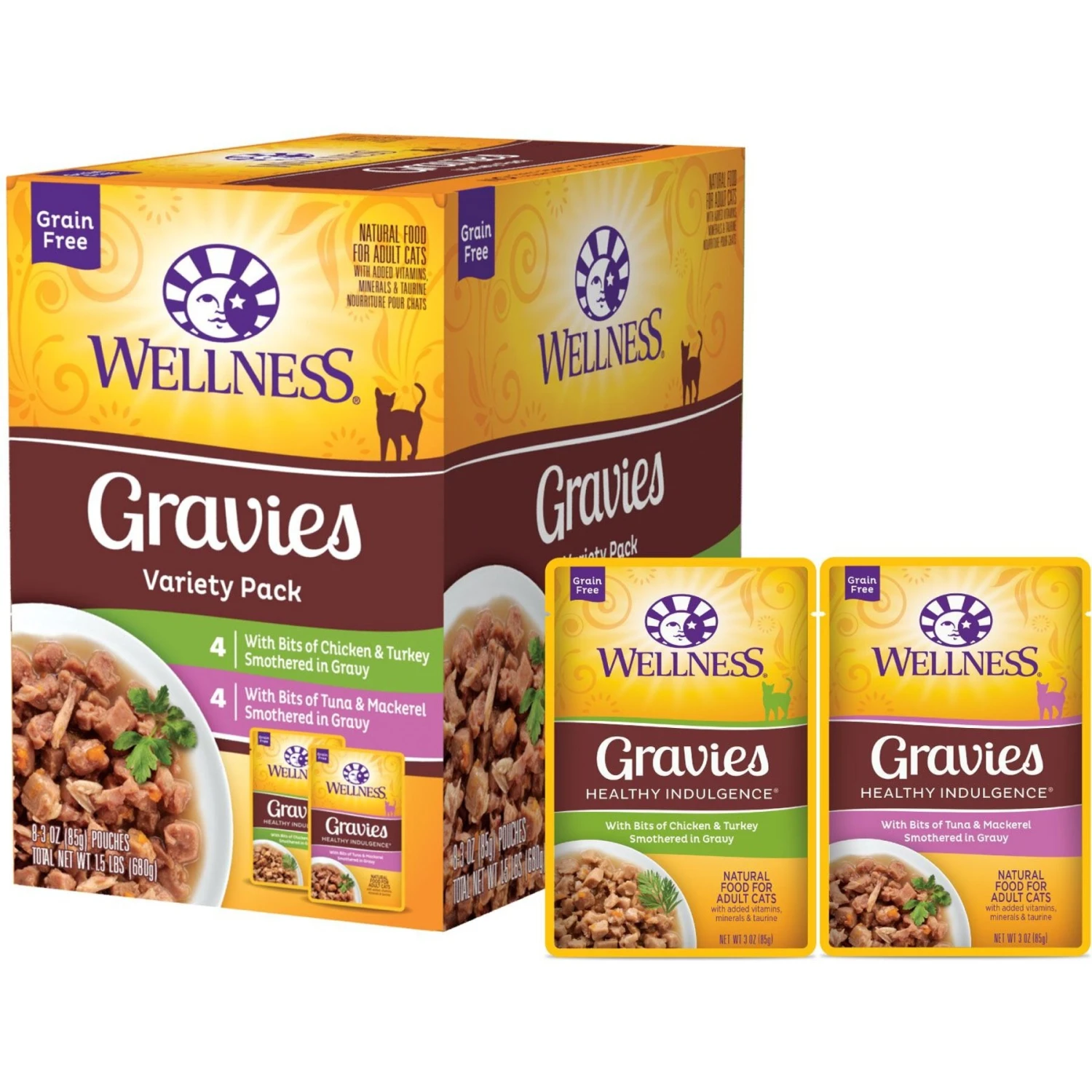 Wellness Healthy Indulgence Gravies Grain-Free Variety Pack Cat Food Pouches & Wellness Kittles Natural Grain-Free Salmon & Cranberries Crunchy Cat Treats 4 Wellness Healthy Indulgence Gravies Grain-Free Variety Pack Cat Food Pouches & Wellness Kittles Natural Grain-Free Salmon & Cranberries Crunchy Cat Treats - Image 2