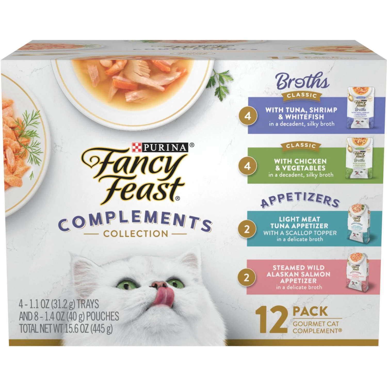 Fancy Feast Grain-Free Complement Variety Pack, Appetizers & Broths Recipes Wet Cat Food, 15.6-oz Box, Case Of 12, 2 Count 3 Fancy Feast Grain-Free Complement Variety Pack, Appetizers & Broths Recipes Wet Cat Food, 15.6-oz Box, Case Of 12, 2 Count