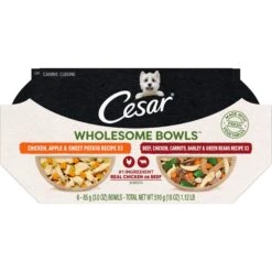 Cesar Wholesome Bowls Variety Pack Beef, Chicken, Carrots, Barley & Green Beans Recipe & Chicken, Apple & Sweet Potato Recipe Small Breed Adult Soft Wet Dog Food