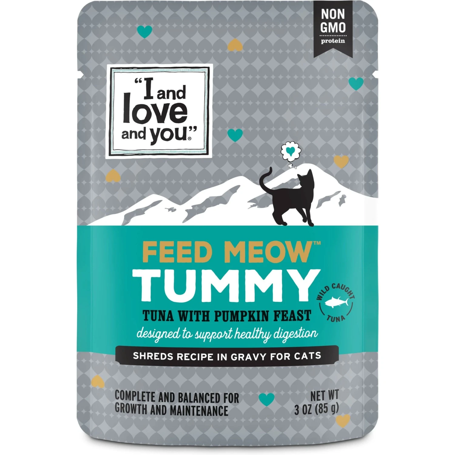 I And Love And You Feed Meow Tummy Tuna & Pumpkin Feast Grain-Free Chunks In Gravy Wet Cat Food, 3-oz Pouch, Case Of 24 3 I And Love And You Feed Meow Tummy Tuna & Pumpkin Feast Grain-Free Chunks In Gravy Wet Cat Food, 3-oz Pouch, Case Of 24