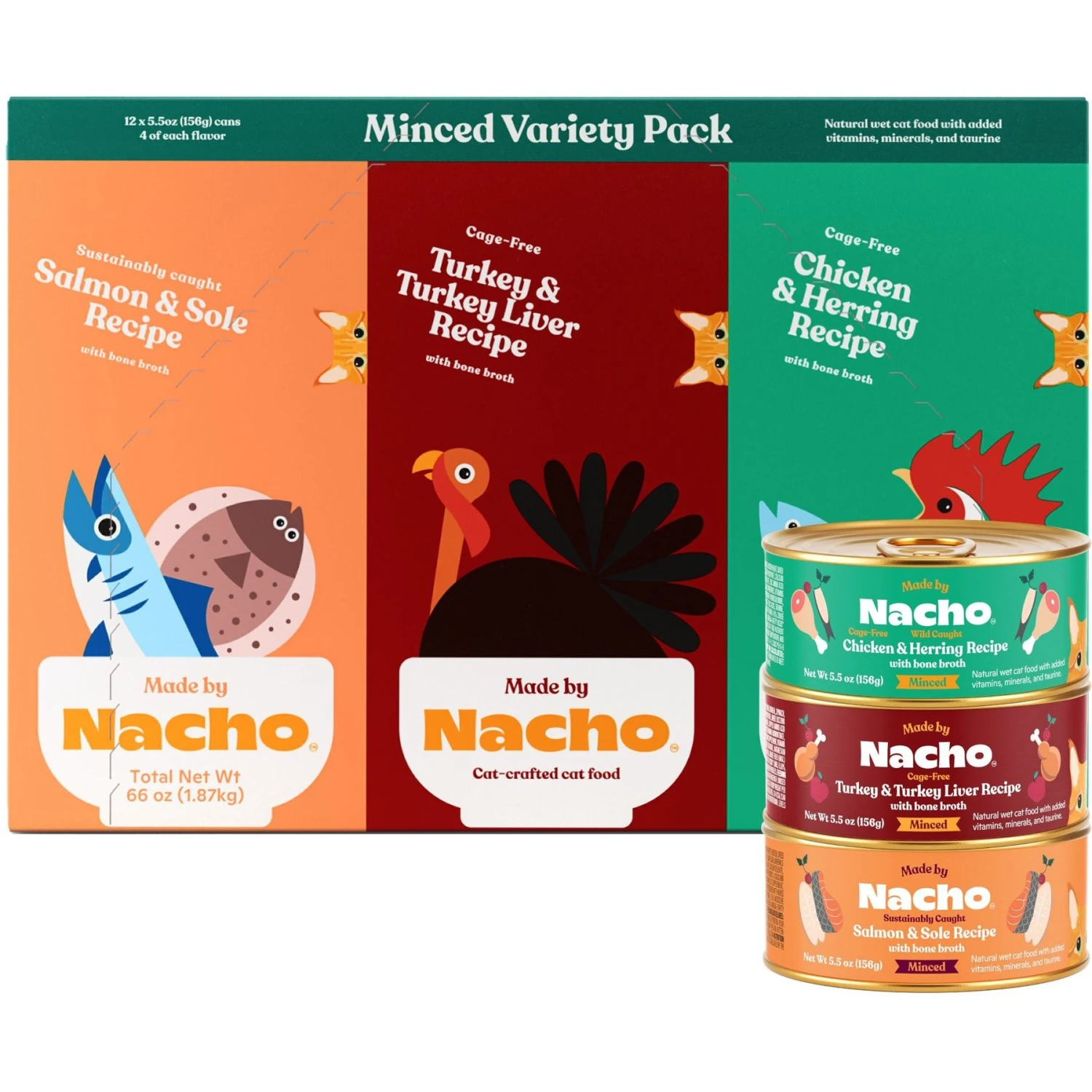 Made By Nacho Chicken, Herring, Salmon & Turkey Variety Pack Minced Wet Cat Food, 5.5-oz Can, Case Of 12 3 Made By Nacho Chicken, Herring, Salmon & Turkey Variety Pack Minced Wet Cat Food, 5.5-oz Can, Case Of 12