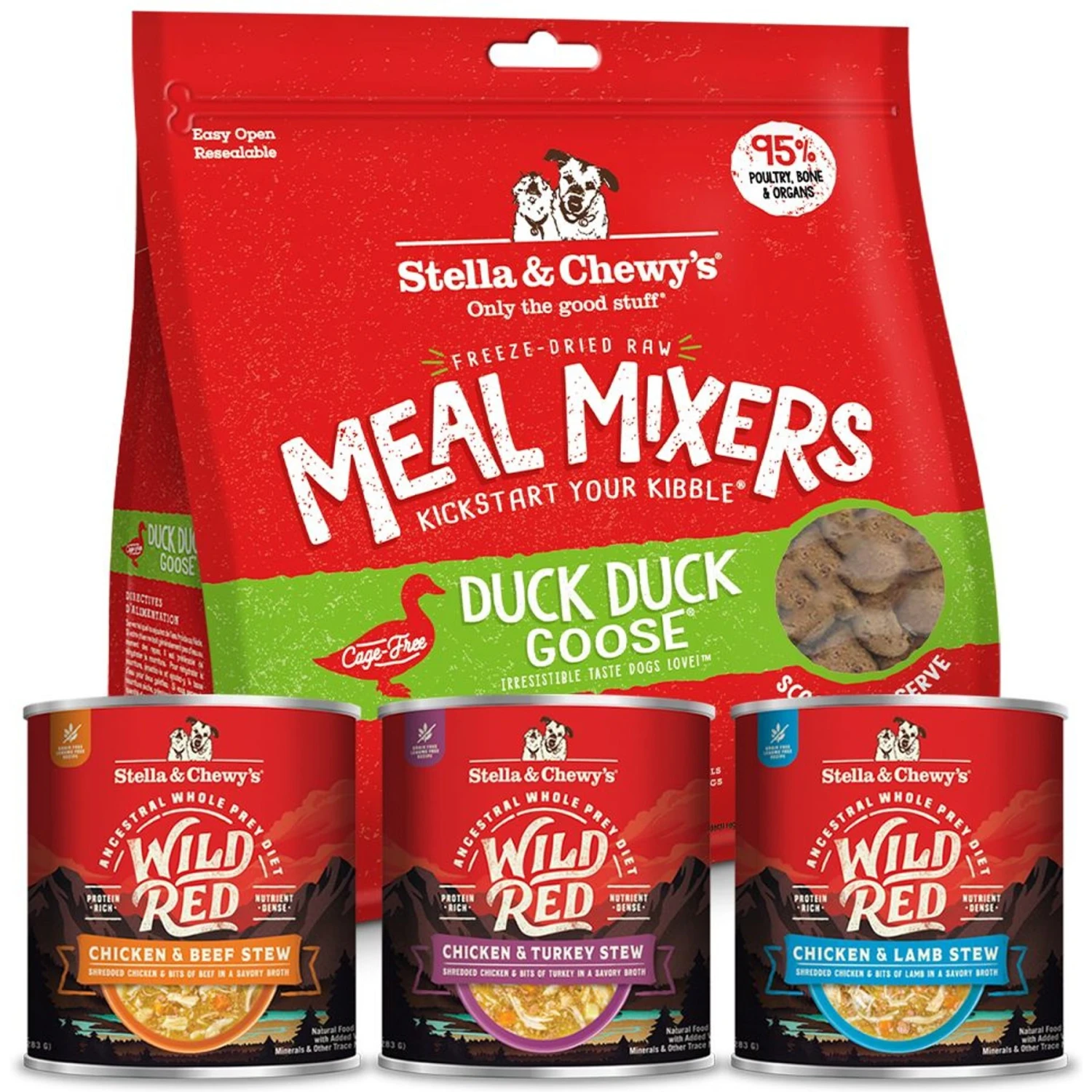 Stella & Chewy's Wild Red Variety Pack Grain-Free Wet Dog Food & Stella & Chewy's Duck Duck Goose Meal Mixers Freeze-Dried Raw Dog Food Topper 3 Stella & Chewy's Wild Red Variety Pack Grain-Free Wet Dog Food & Stella & Chewy's Duck Duck Goose Meal Mixers Freeze-Dried Raw Dog Food Topper