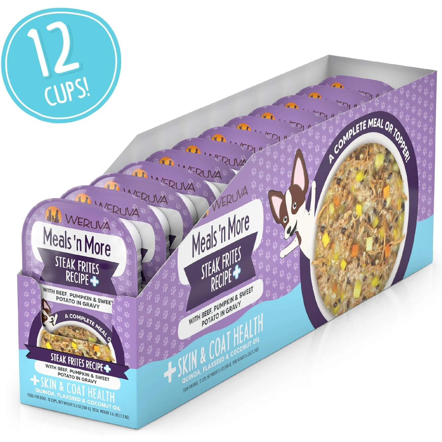 Weruva Meals 'n More Natural Wet Dog Food, Steak Frites Dinner Plus Skin & Coat Health, 3.5-oz Cup, 12 Count 4 Weruva Meals 'n More Natural Wet Dog Food, Steak Frites Dinner Plus Skin & Coat Health, 3.5-oz Cup, 12 Count - Image 2